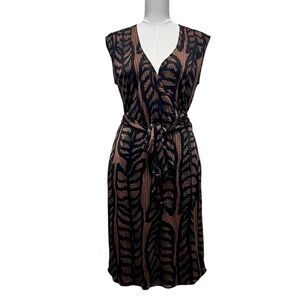 Tory Burch Black and Tan Leaf Pattern Wrap Silk Dress Size Large